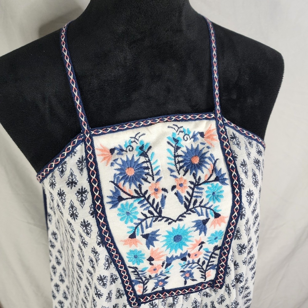 JOLT Size Medium Blue Floral Boho Beach Square Neck Pleated Strappy Tank Top EUC - Picture 3 of 10